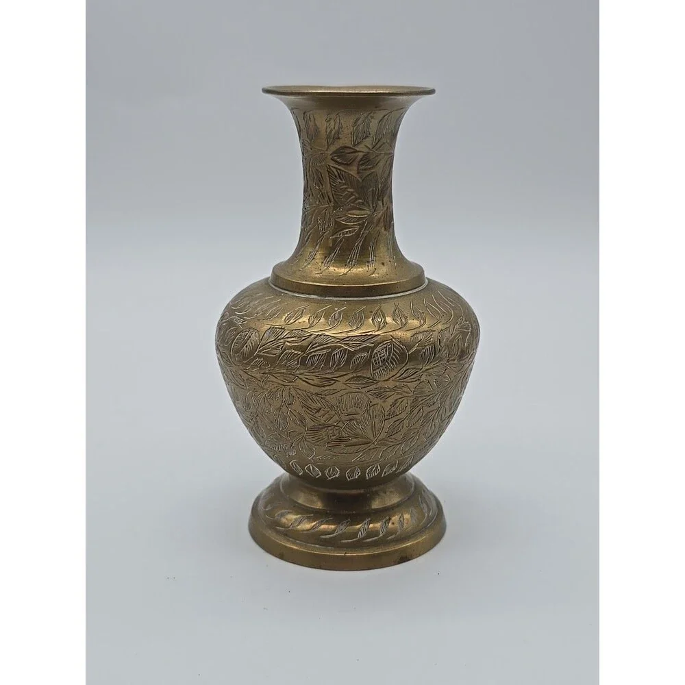 Vintage  Brass Etched Engraved Vase Leaf Motif 5 in Tall  India BOHO
